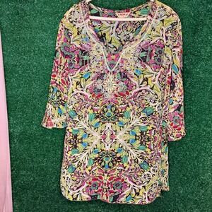 Eder A Floral Embroidered Boho Tunic Top Women's Large Colorful Y2K